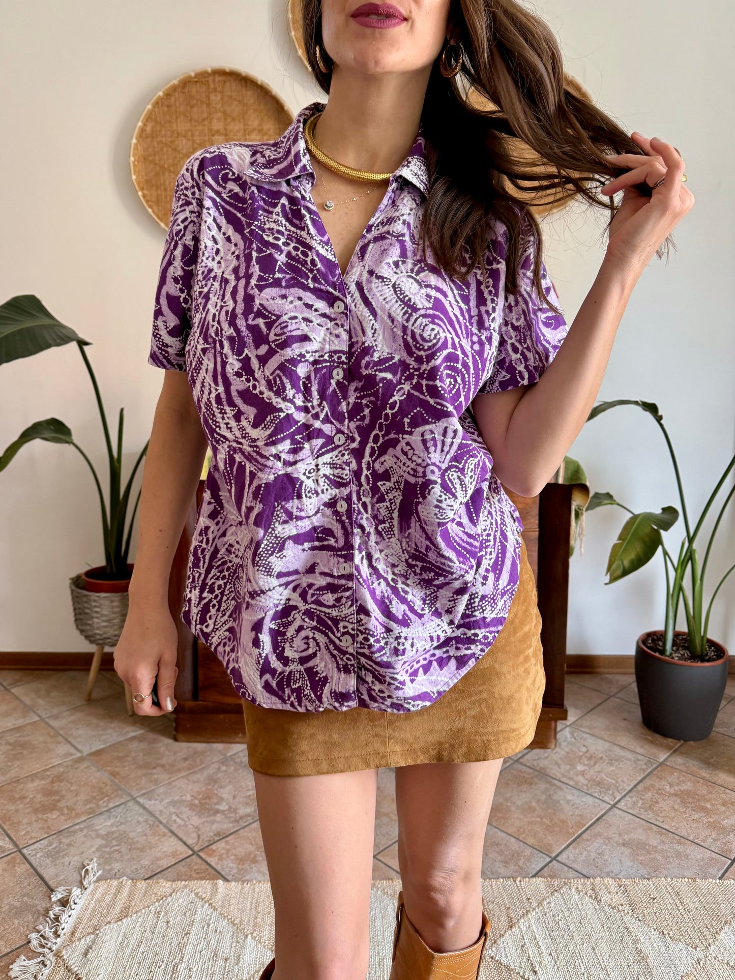 1990's vintage multi tonal purple tie dye effect floral print shirt