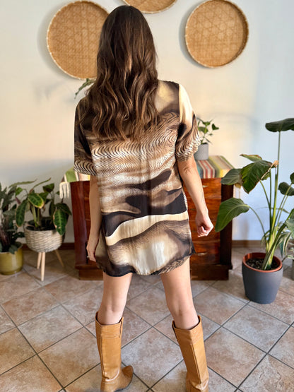 1970's vintage multitonal brown animal print sheer oversize blouse