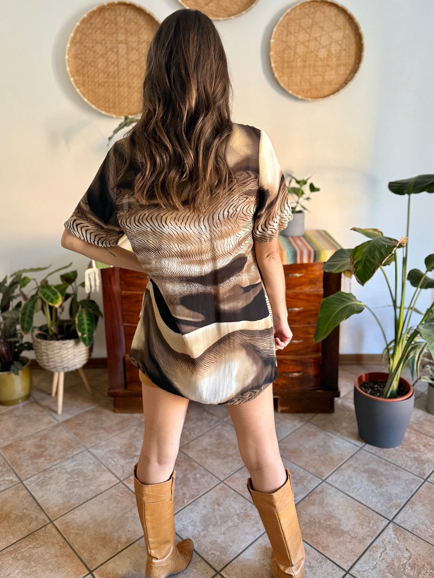 1970's vintage multitonal brown animal print sheer oversize blouse