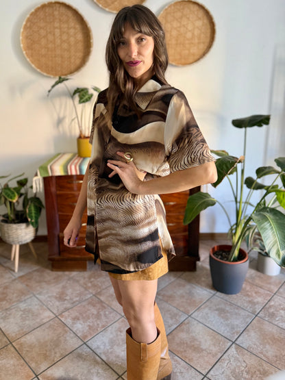 1970's vintage multitonal brown animal print sheer oversize blouse
