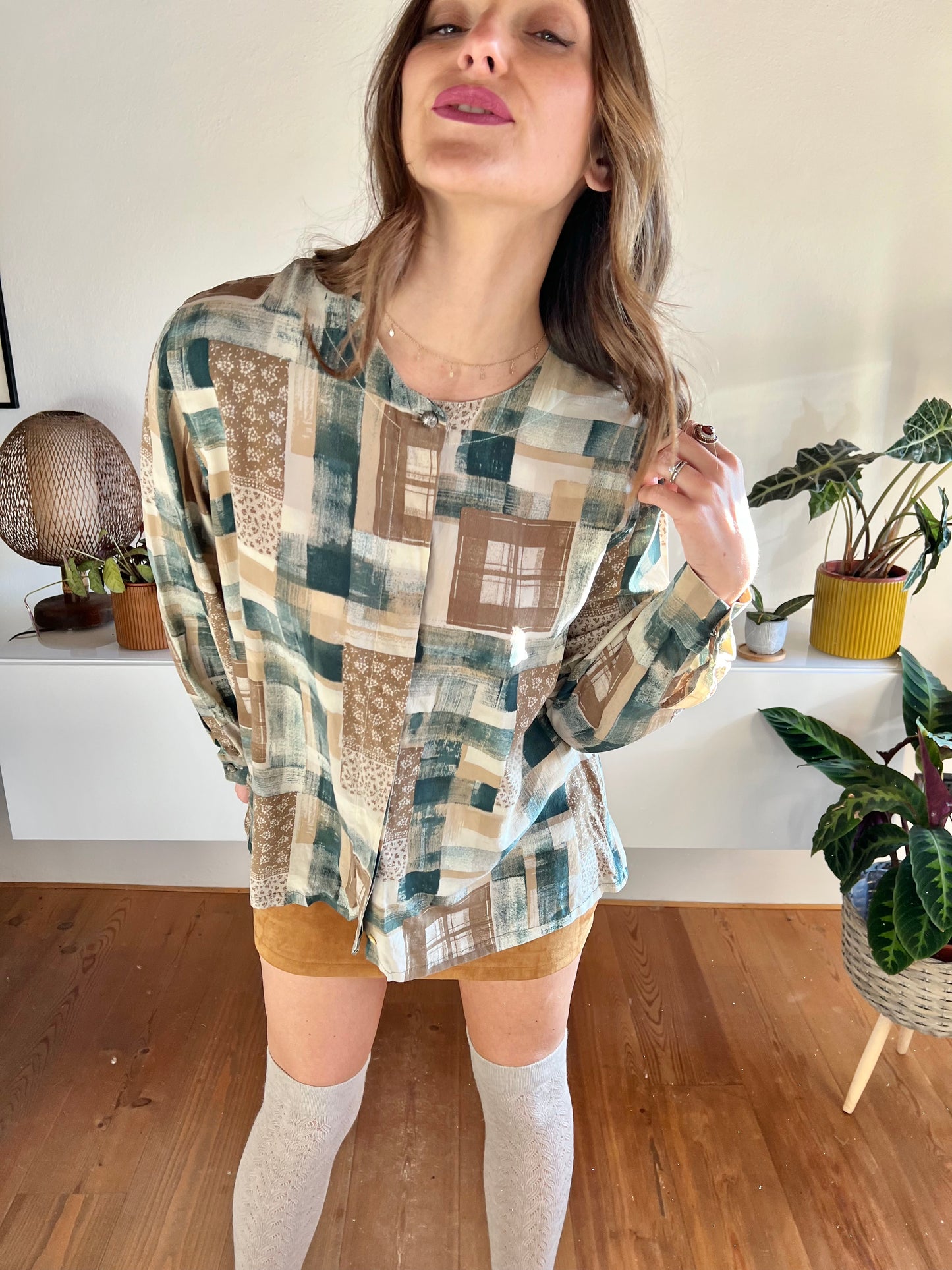 1990's vintage tan and dark turquoise plaid and floral silk blouse