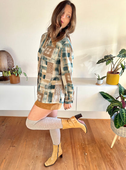 1990's vintage tan and dark turquoise plaid and floral silk blouse