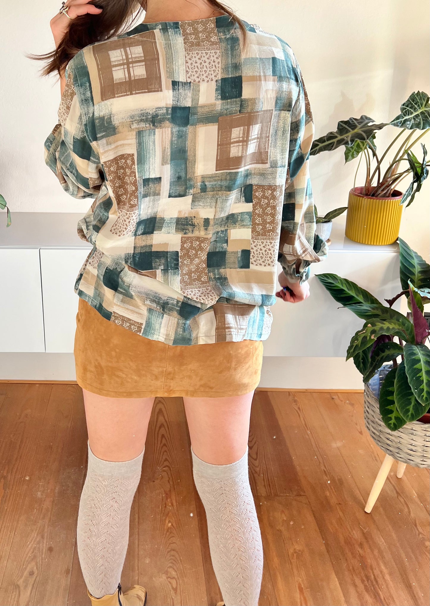 1990's vintage tan and dark turquoise plaid and floral silk blouse