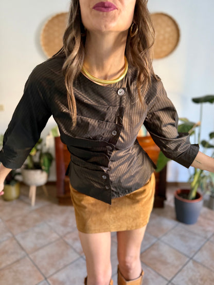 Y2k vintage chocolate brown and light blue tripe silk blouse with asymmetrical pleated and mother of pearl button closure