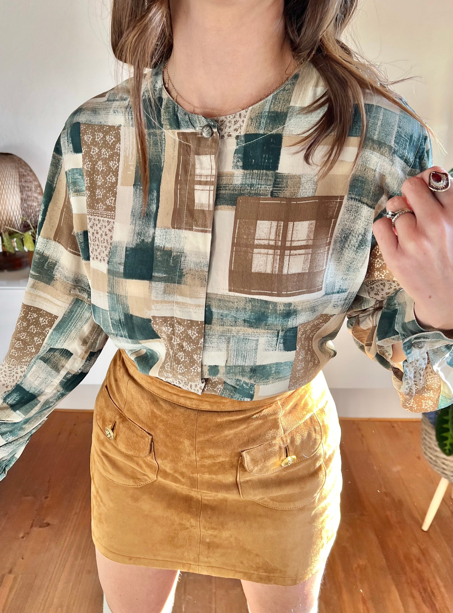 1990's vintage tan and dark turquoise plaid and floral silk blouse