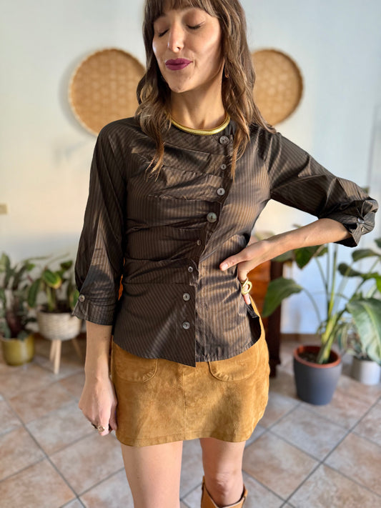 Y2k vintage chocolate brown and light blue tripe silk blouse with asymmetrical pleated and mother of pearl button closure