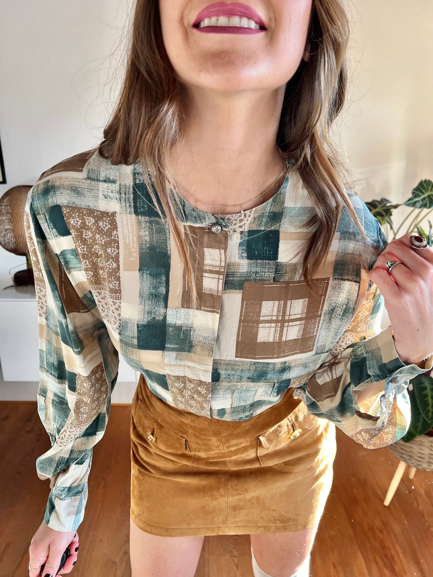 1990's vintage tan and dark turquoise plaid and floral silk blouse