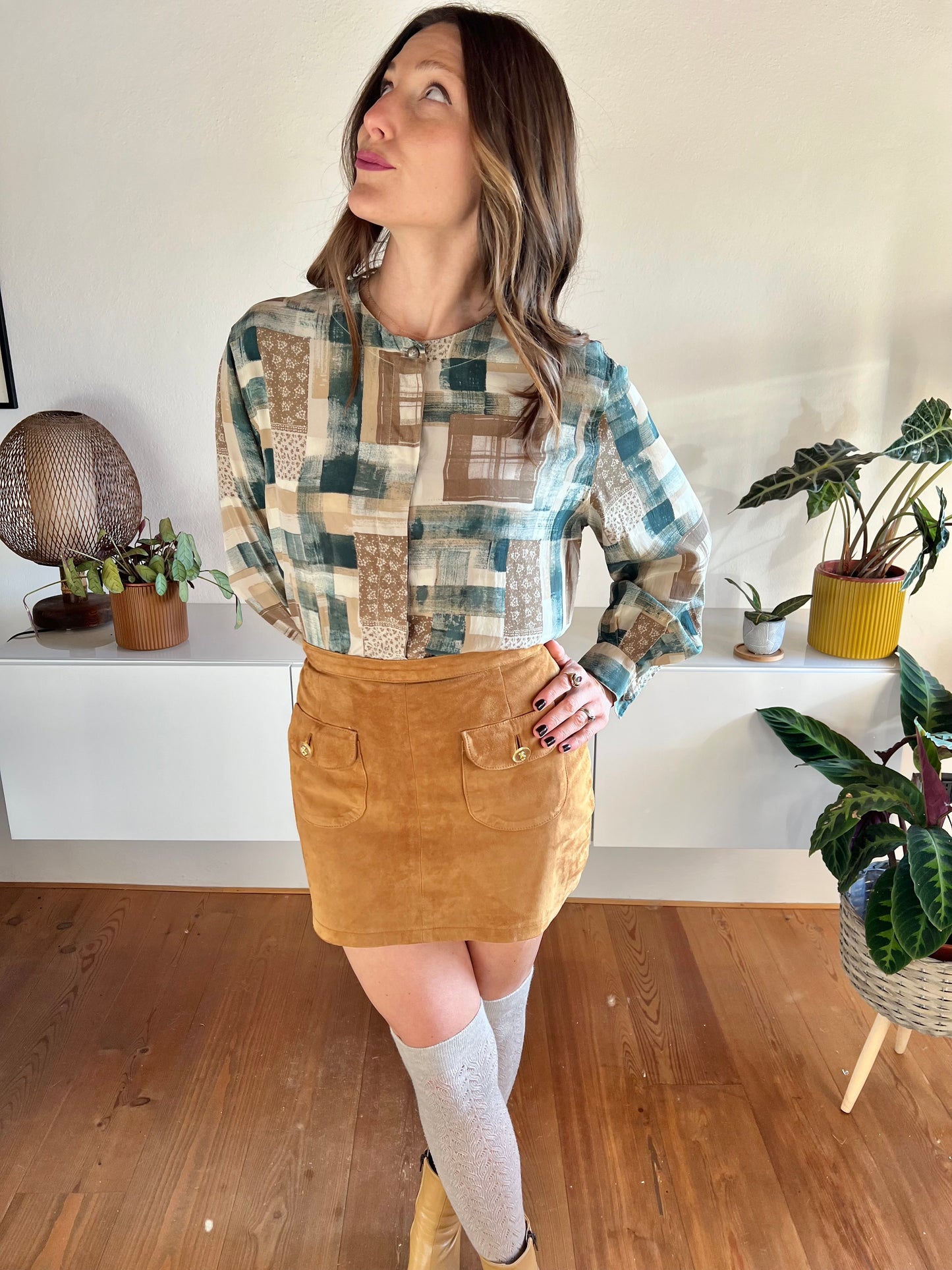 1990's vintage tan and dark turquoise plaid and floral silk blouse