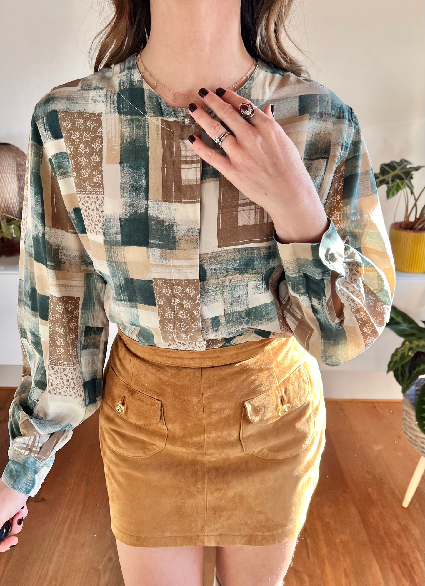 1990's vintage tan and dark turquoise plaid and floral silk blouse