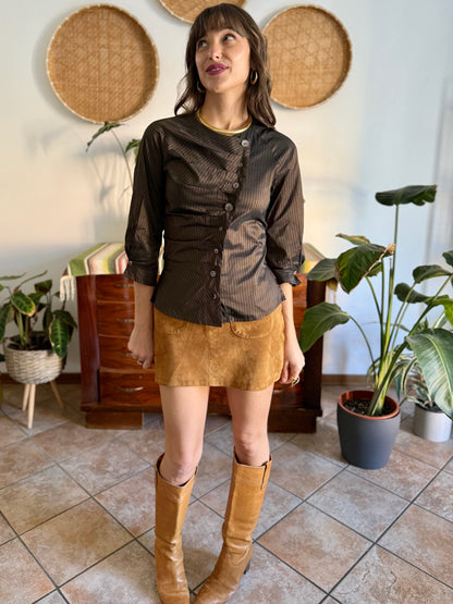 Y2k vintage chocolate brown and light blue tripe silk blouse with asymmetrical pleated and mother of pearl button closure