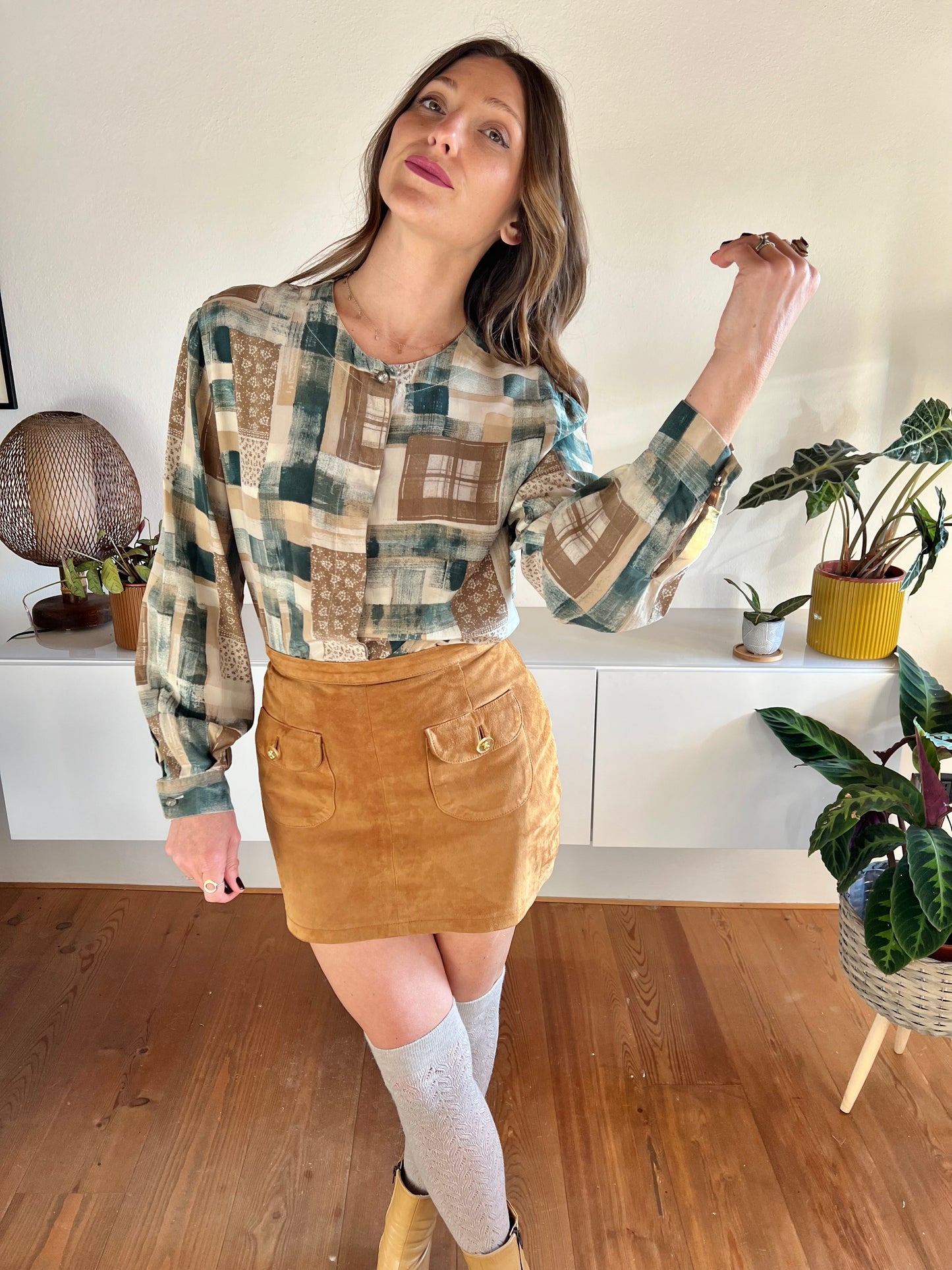 1990's vintage tan and dark turquoise plaid and floral silk blouse