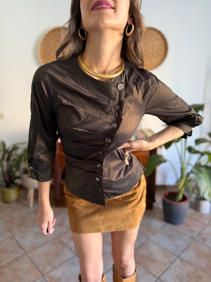 Y2k vintage chocolate brown and light blue tripe silk blouse with asymmetrical pleated and mother of pearl button closure
