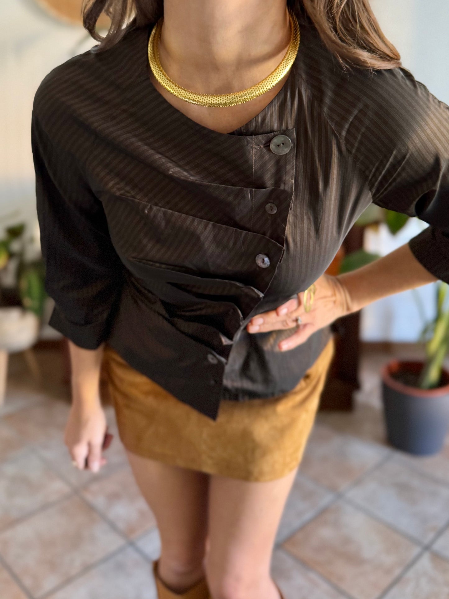 Y2k vintage chocolate brown and light blue tripe silk blouse with asymmetrical pleated and mother of pearl button closure