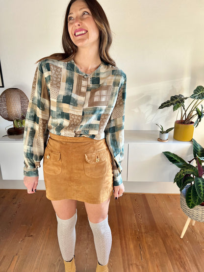 1990's vintage tan and dark turquoise plaid and floral silk blouse