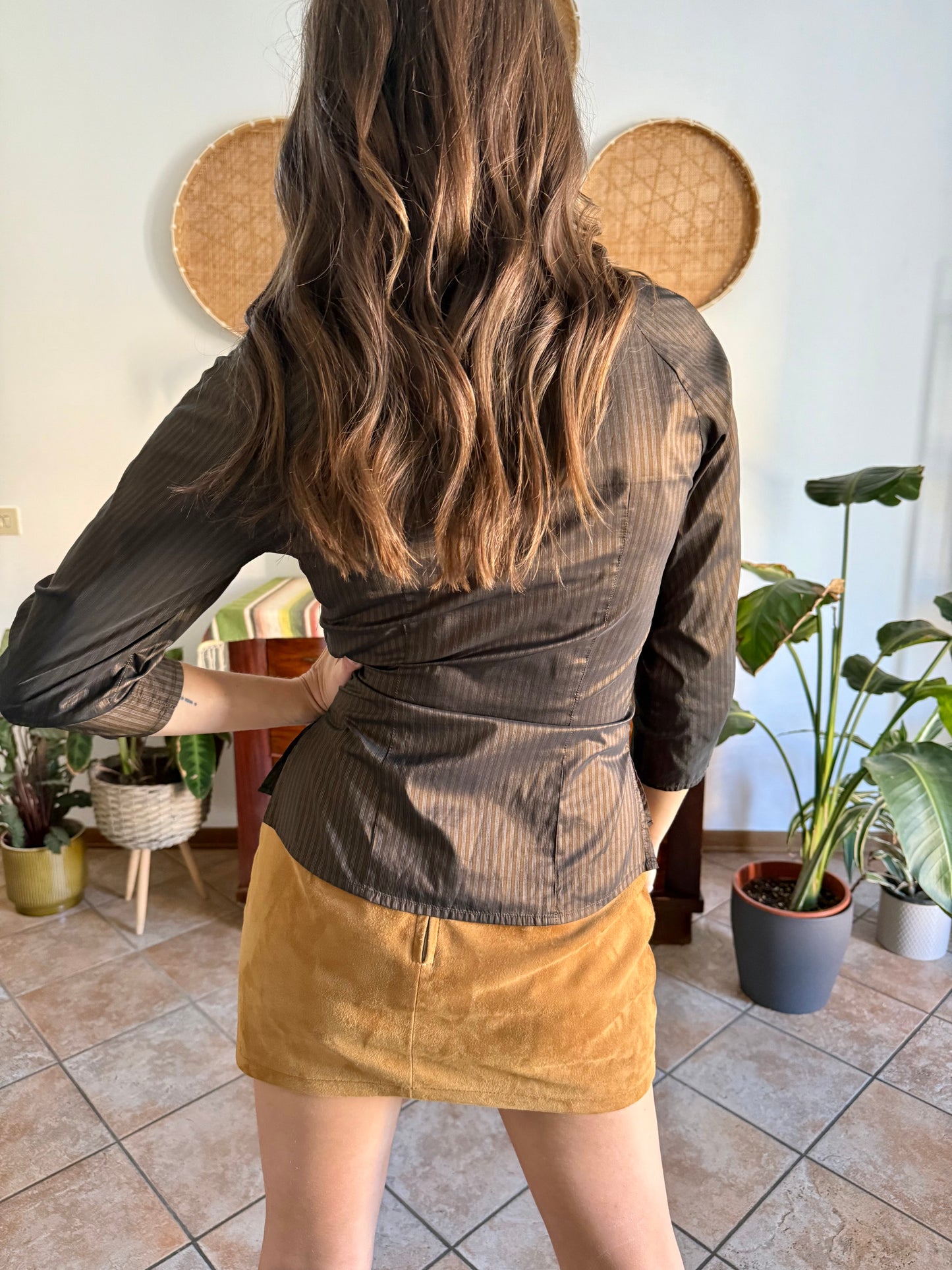 Y2k vintage chocolate brown and light blue tripe silk blouse with asymmetrical pleated and mother of pearl button closure