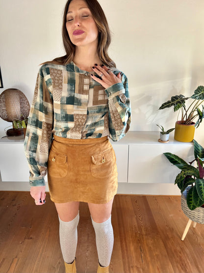 1990's vintage tan and dark turquoise plaid and floral silk blouse