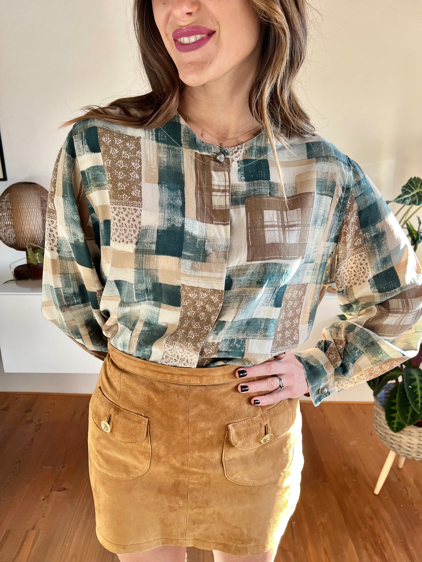 1990's vintage tan and dark turquoise plaid and floral silk blouse