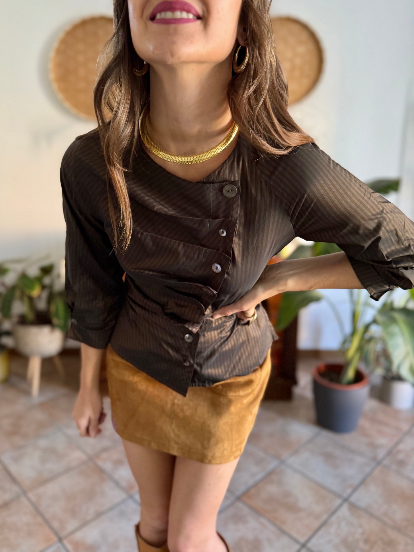 Y2k vintage chocolate brown and light blue tripe silk blouse with asymmetrical pleated and mother of pearl button closure