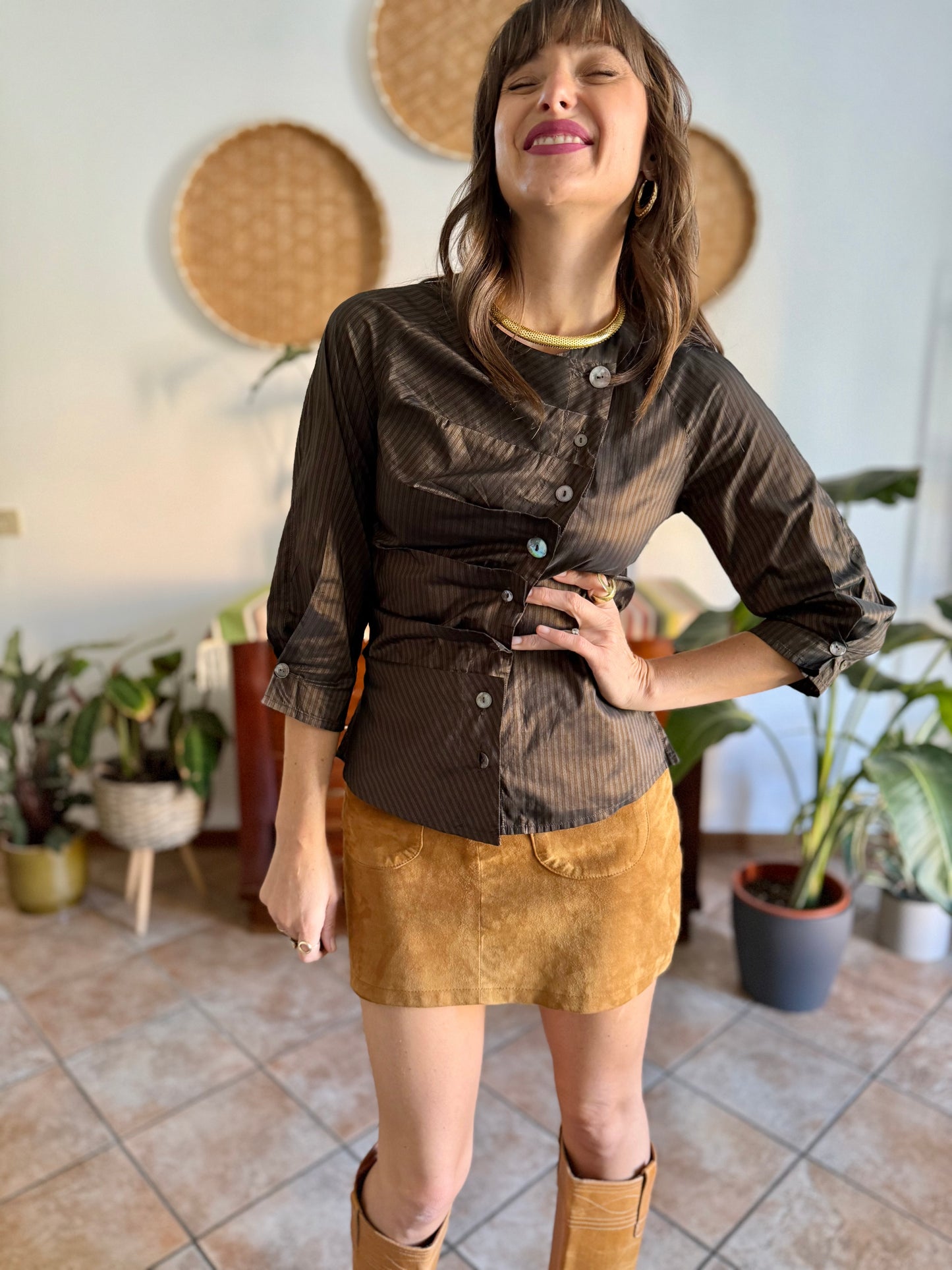 Y2k vintage chocolate brown and light blue tripe silk blouse with asymmetrical pleated and mother of pearl button closure