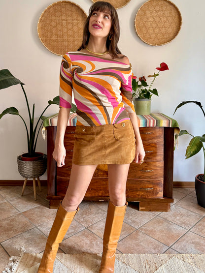 Y2k vintage off the shoulder pink and orange mod print top