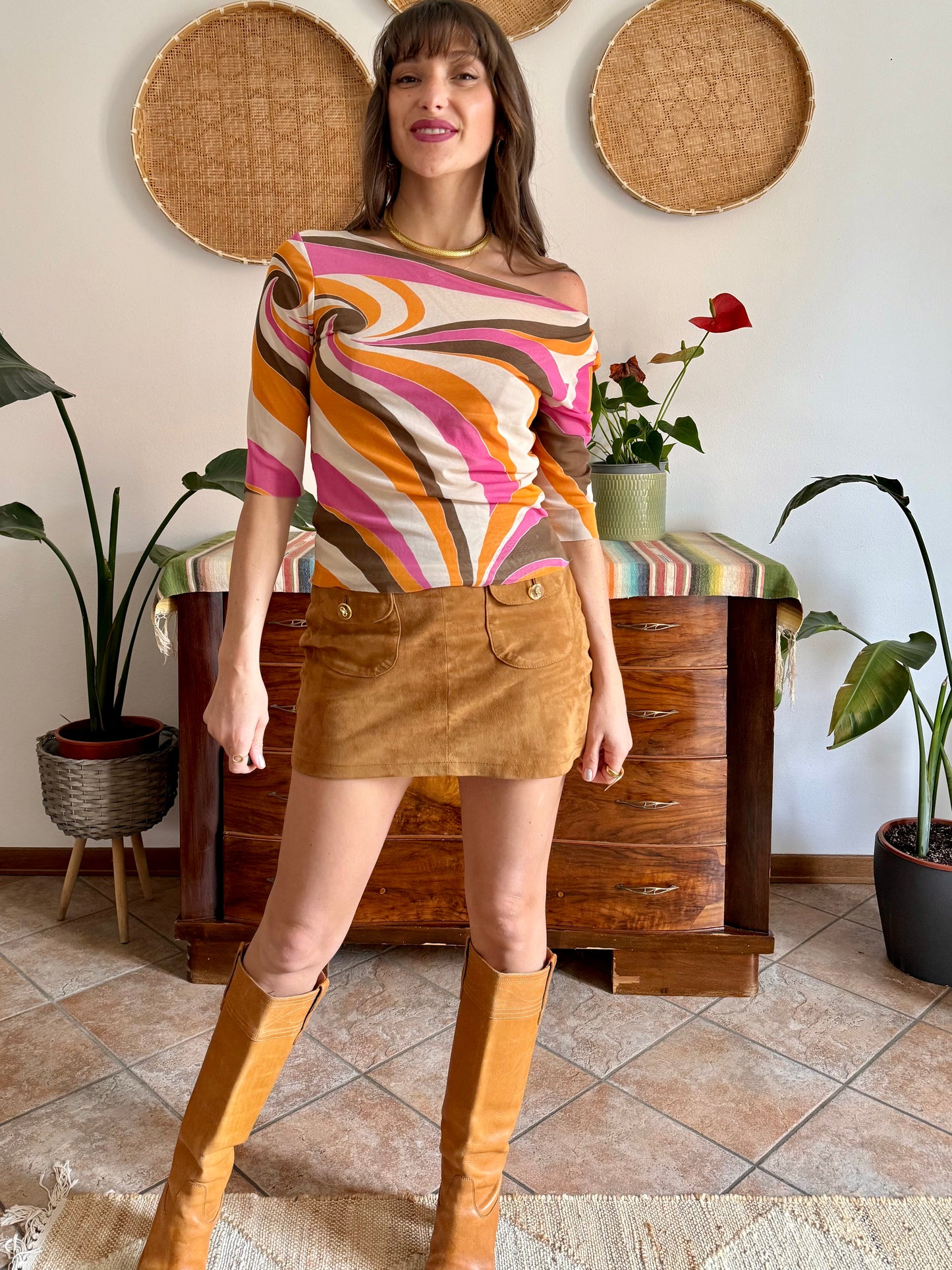 Y2k vintage off the shoulder pink and orange mod print top