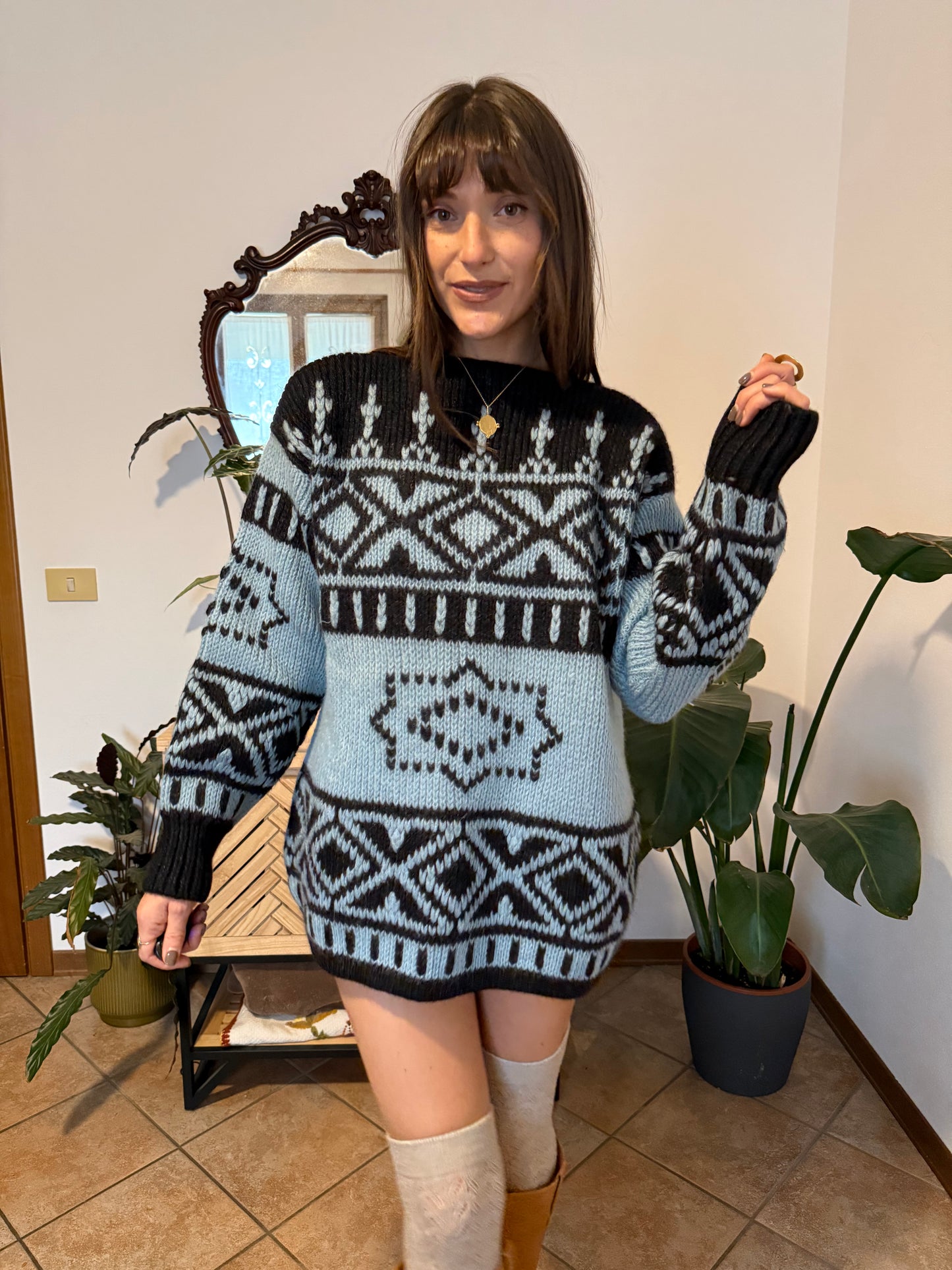 1970's vintage hand knit charcoal grey and light blue geometric pullover