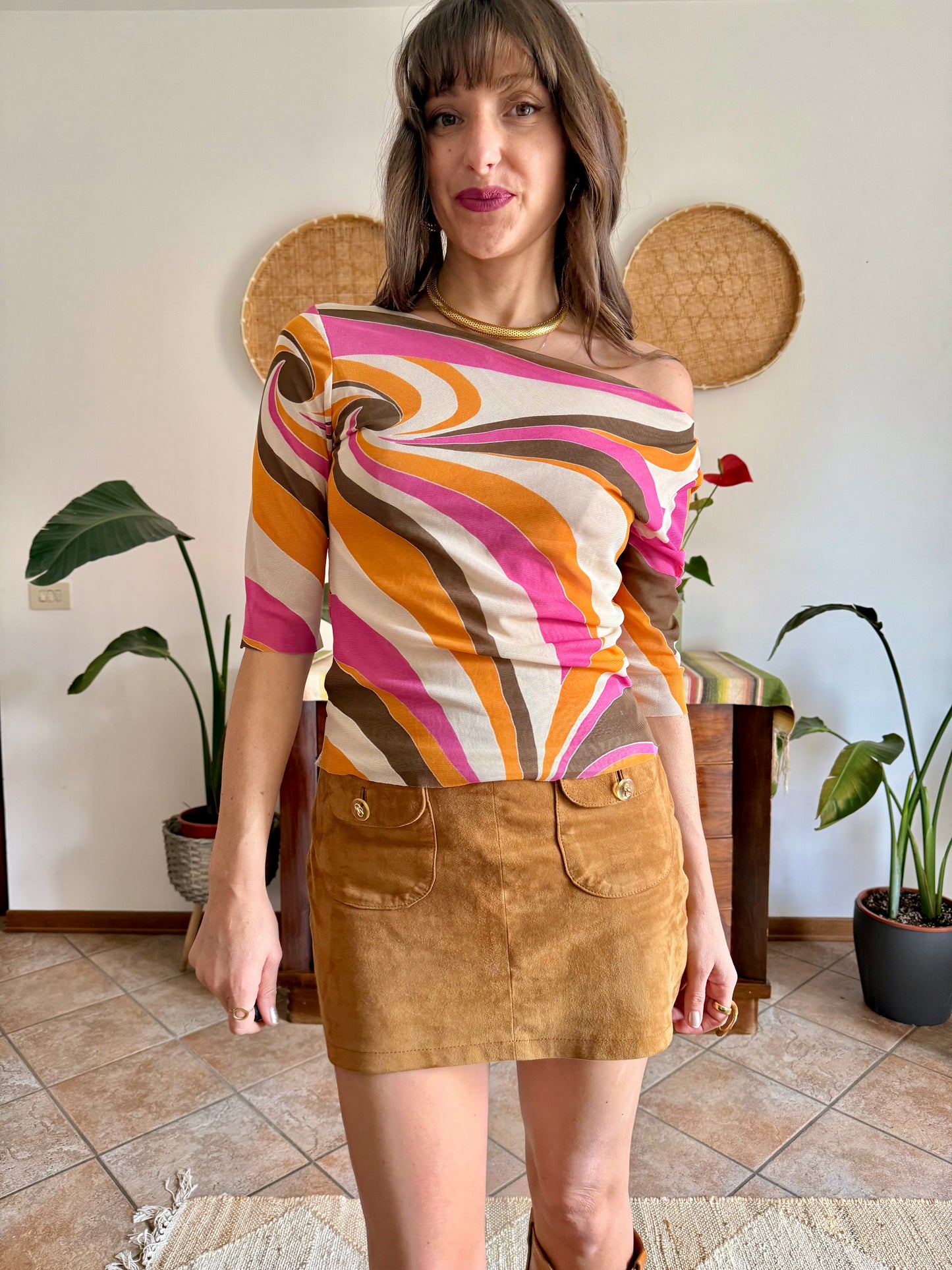 Y2k vintage off the shoulder pink and orange mod print top