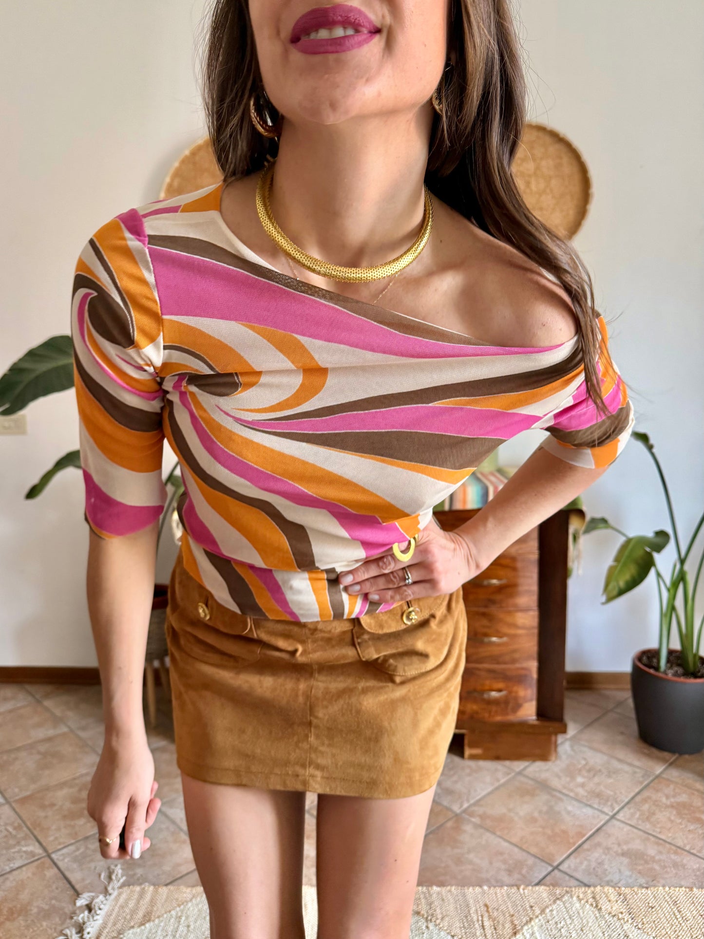 Y2k vintage off the shoulder pink and orange mod print top