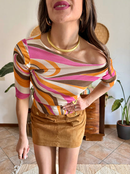 Y2k vintage off the shoulder pink and orange mod print top