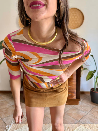 Y2k vintage off the shoulder pink and orange mod print top