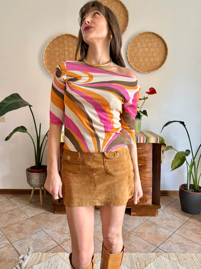 Y2k vintage off the shoulder pink and orange mod print top
