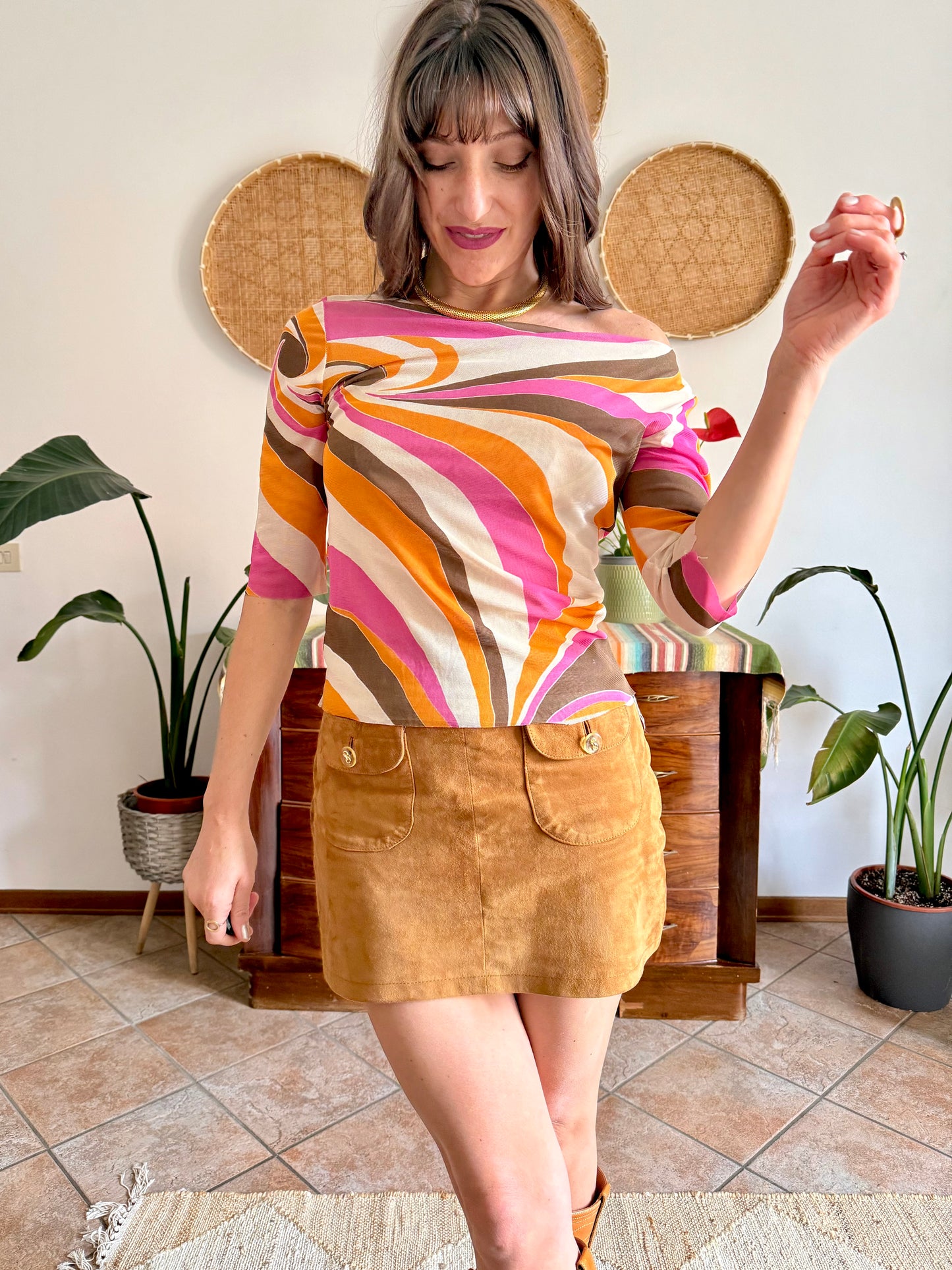Y2k vintage off the shoulder pink and orange mod print top