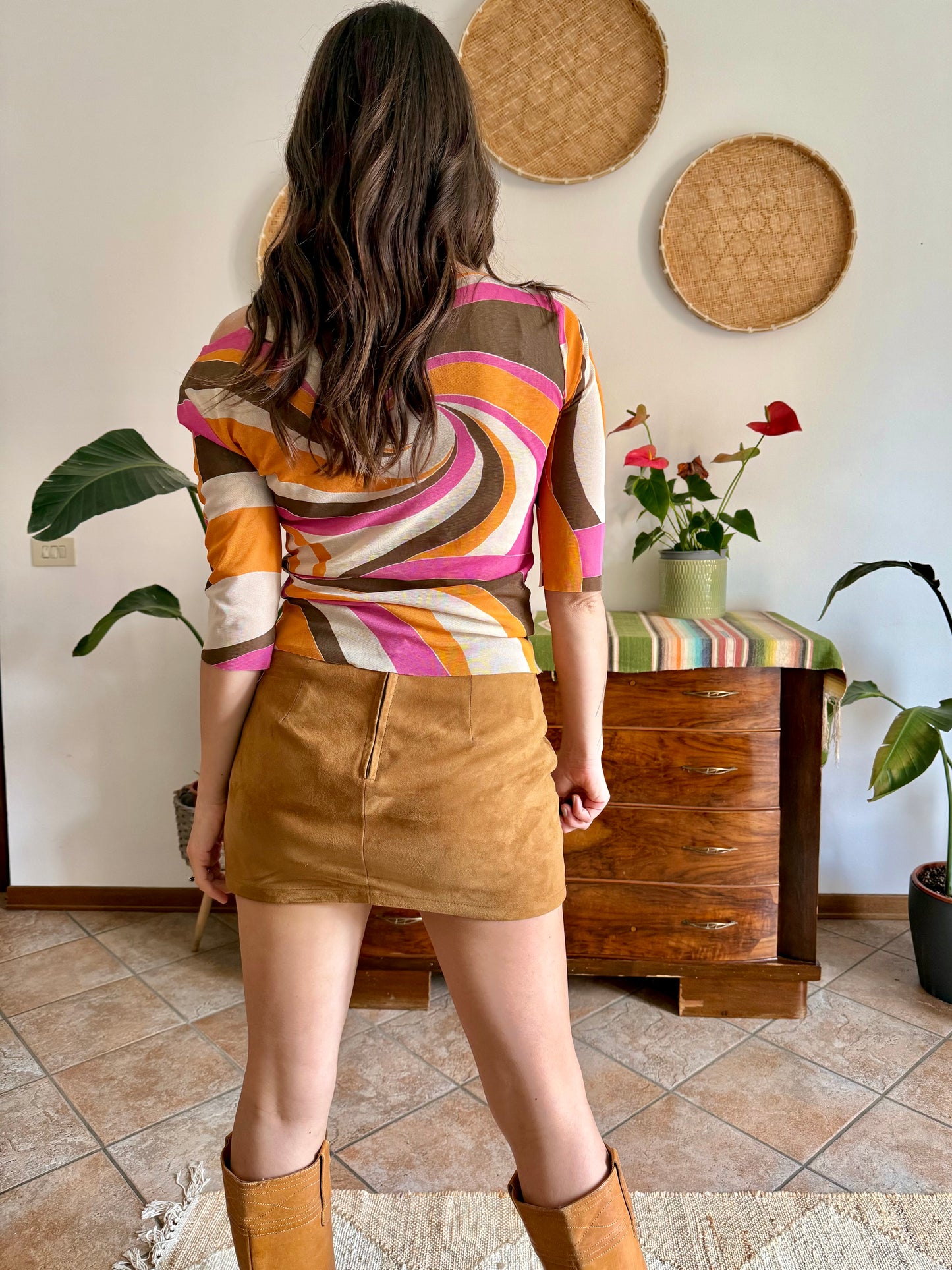 Y2k vintage off the shoulder pink and orange mod print top