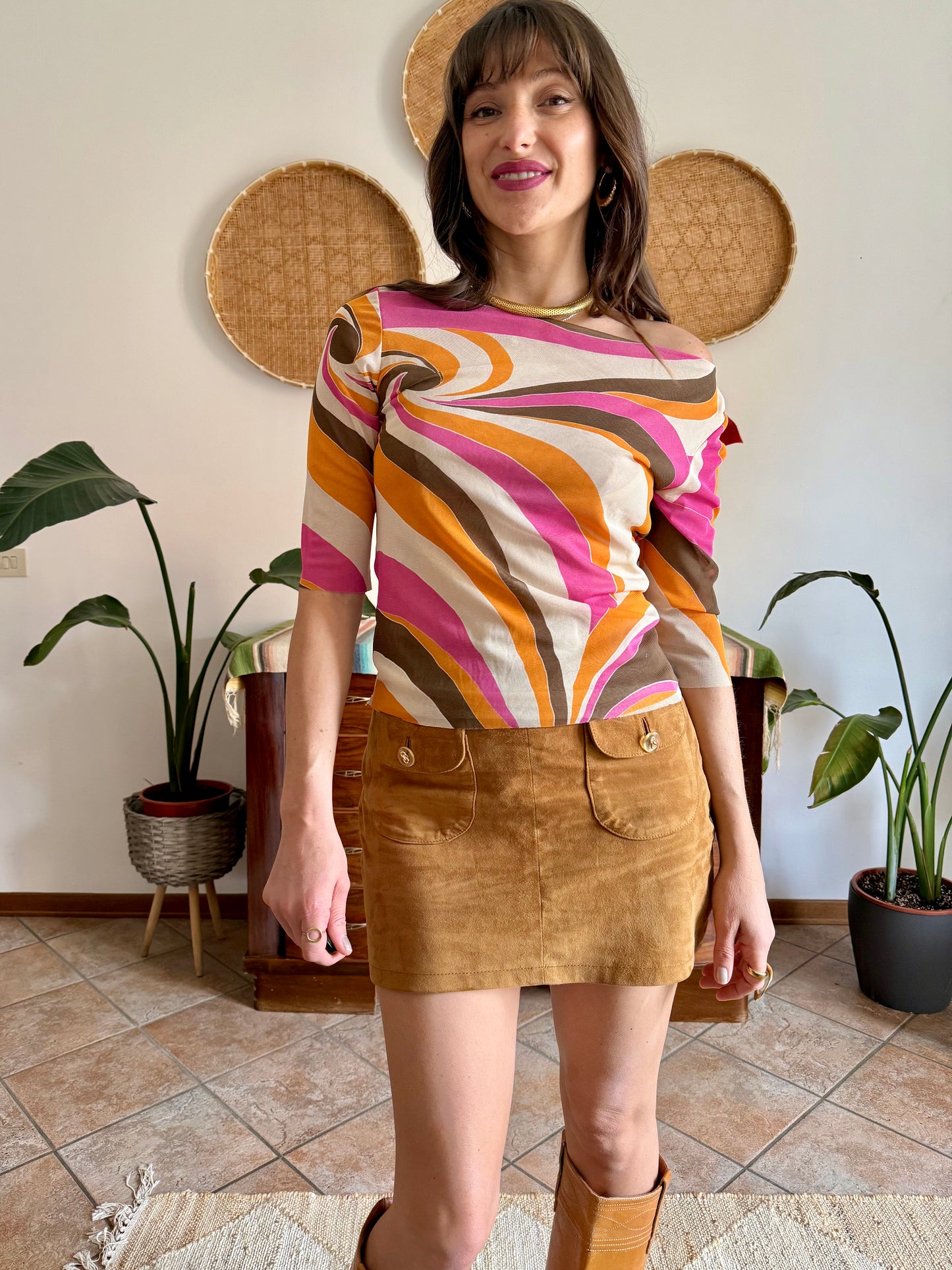 Y2k vintage off the shoulder pink and orange mod print top