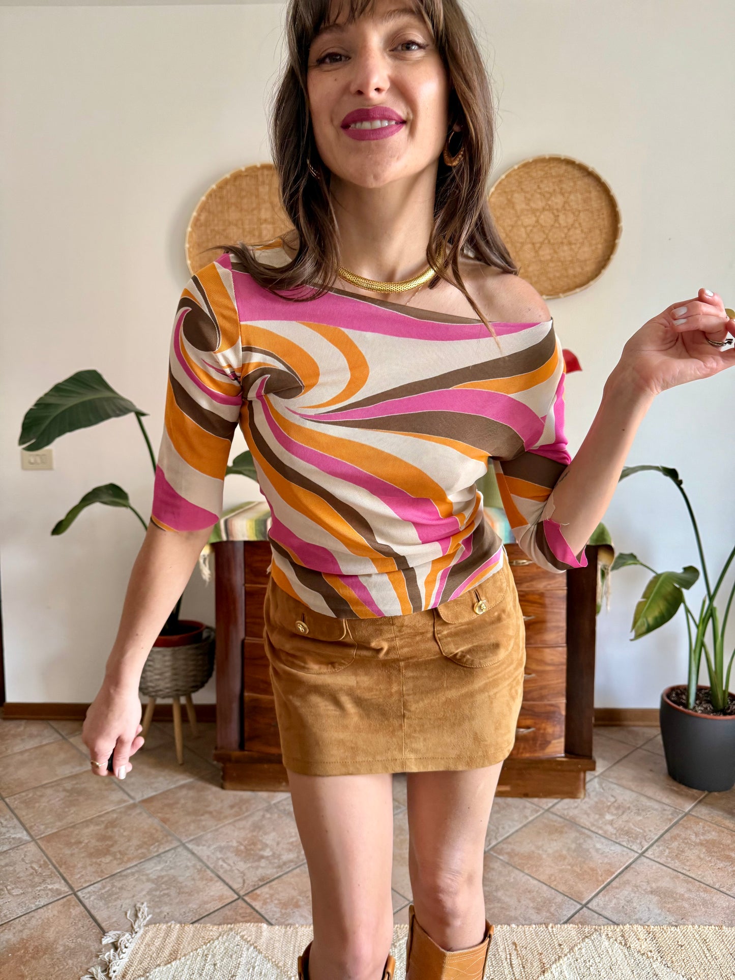 Y2k vintage off the shoulder pink and orange mod print top