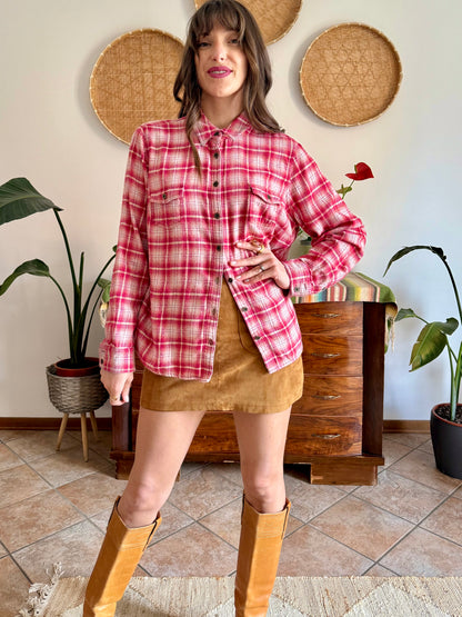 Y2k vintage orange and fuchsia plaid western button down shirt
