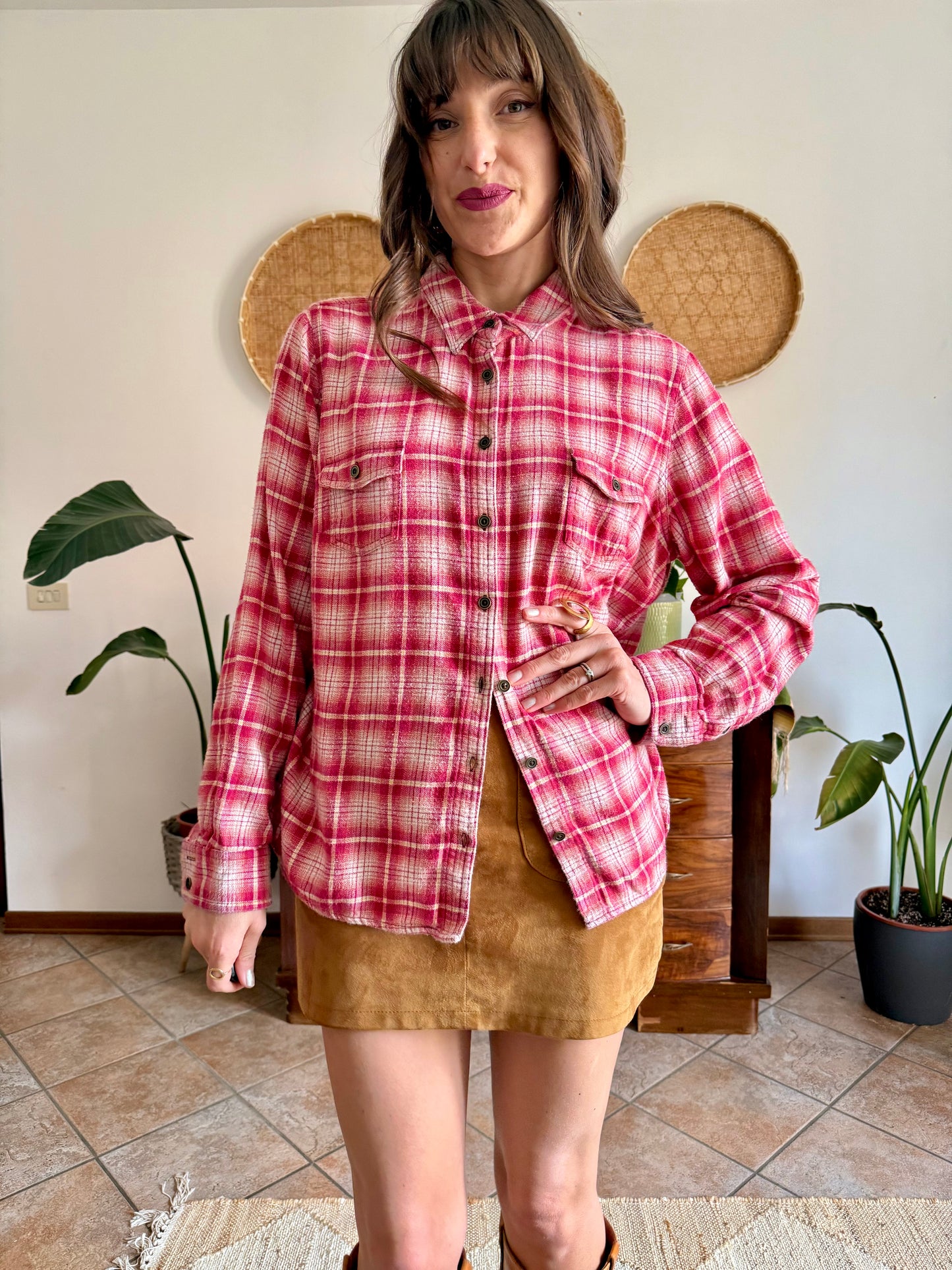 Y2k vintage orange and fuchsia plaid western button down shirt