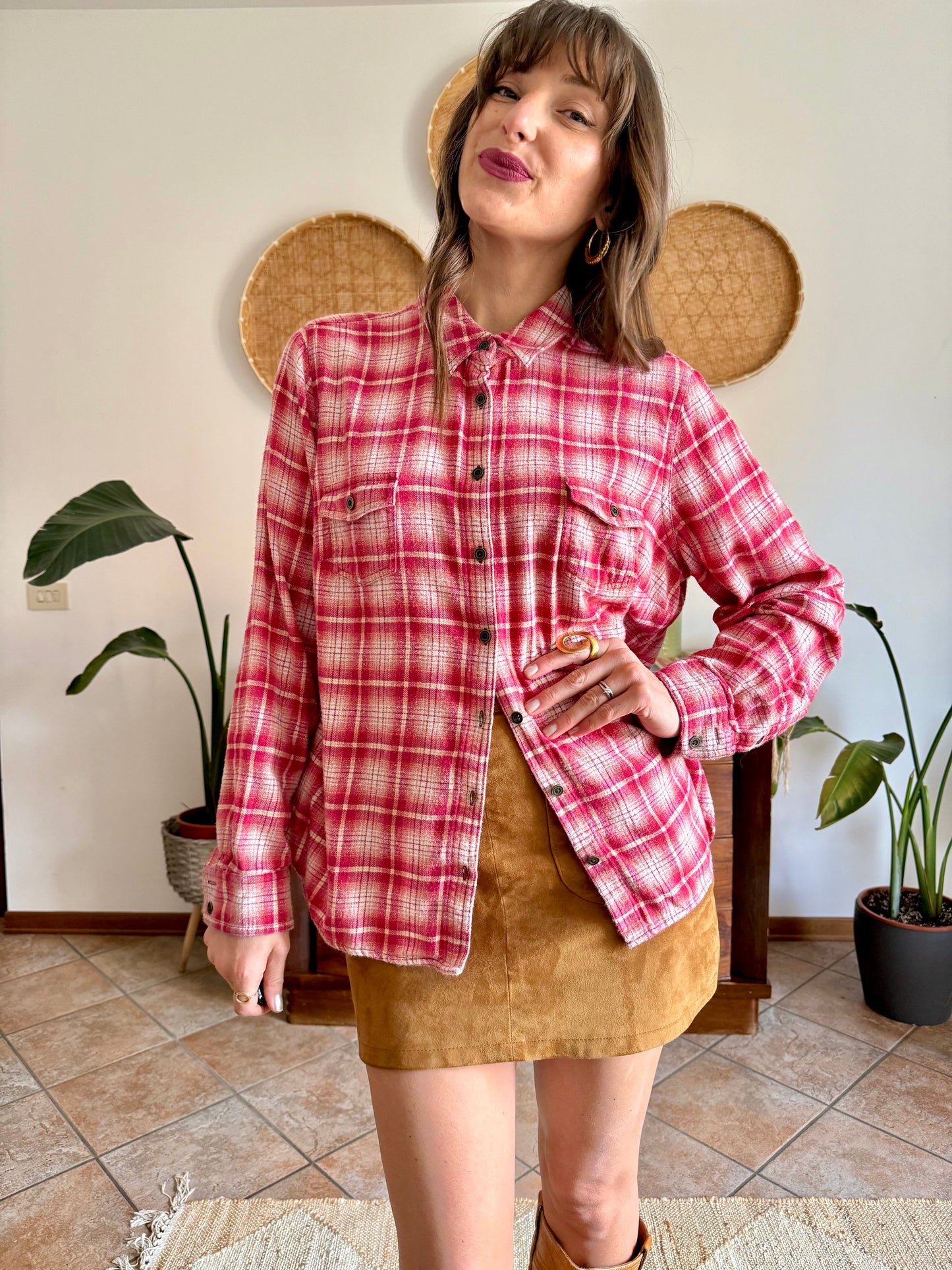 Y2k vintage orange and fuchsia plaid western button down shirt