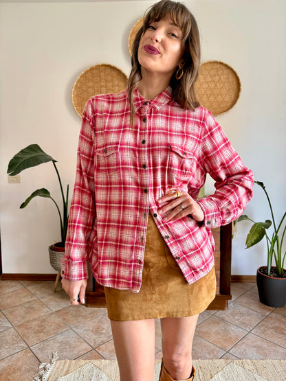 Y2k vintage orange and fuchsia plaid western button down shirt