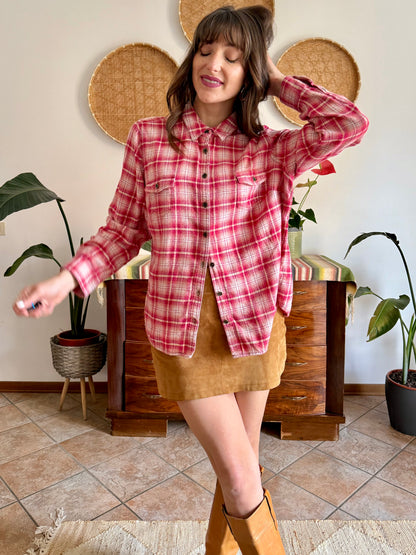 Y2k vintage orange and fuchsia plaid western button down shirt