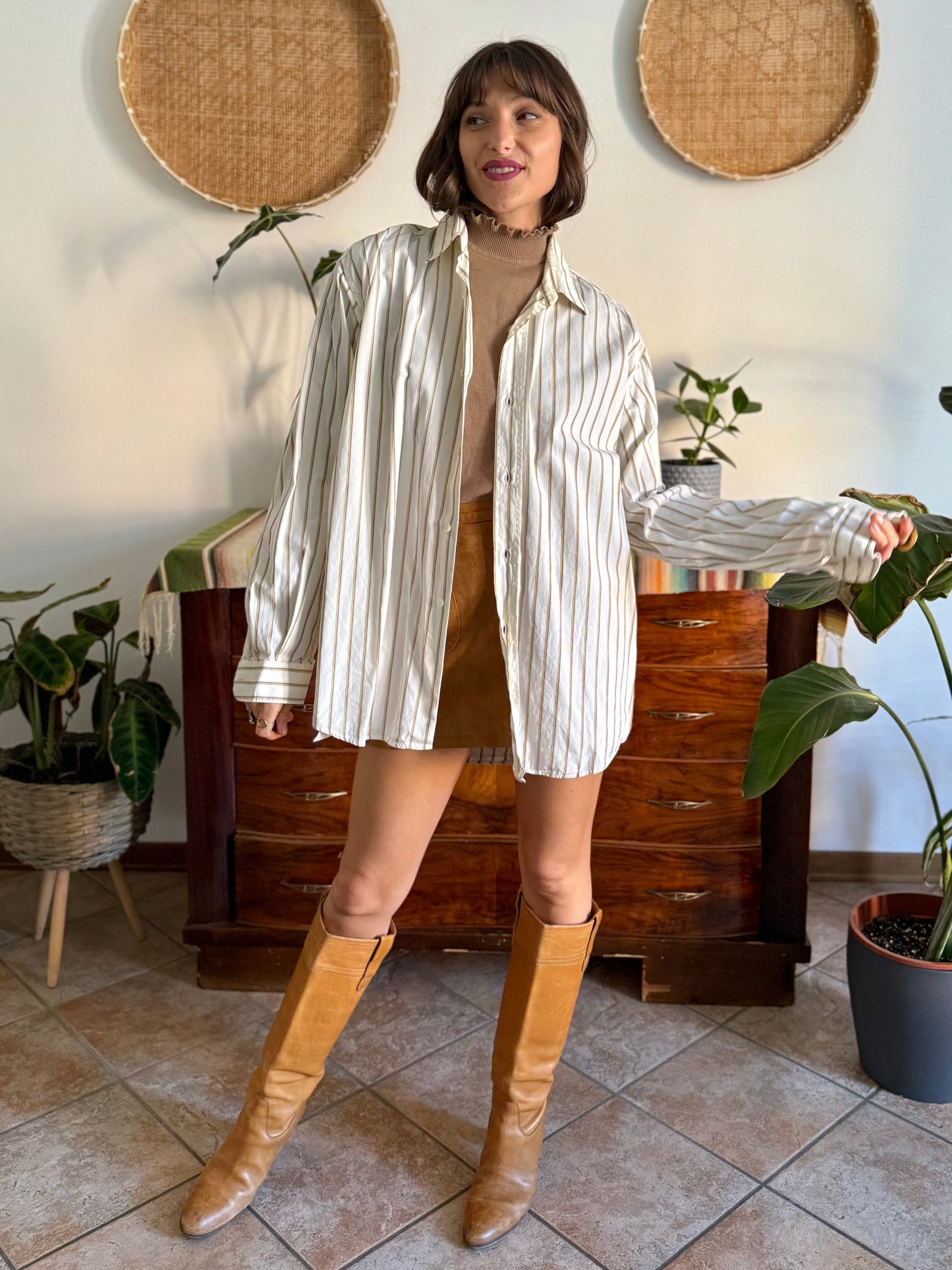 1970's vintage oversize cream shirt with tan, brown and light blue pin striping