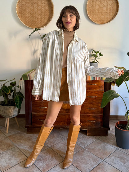 1970's vintage oversize cream shirt with tan, brown and light blue pin striping