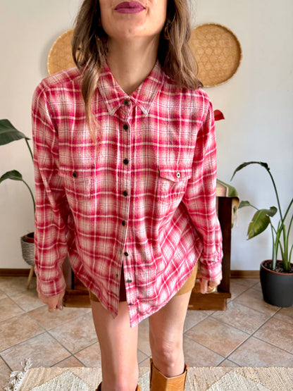 Y2k vintage orange and fuchsia plaid western button down shirt