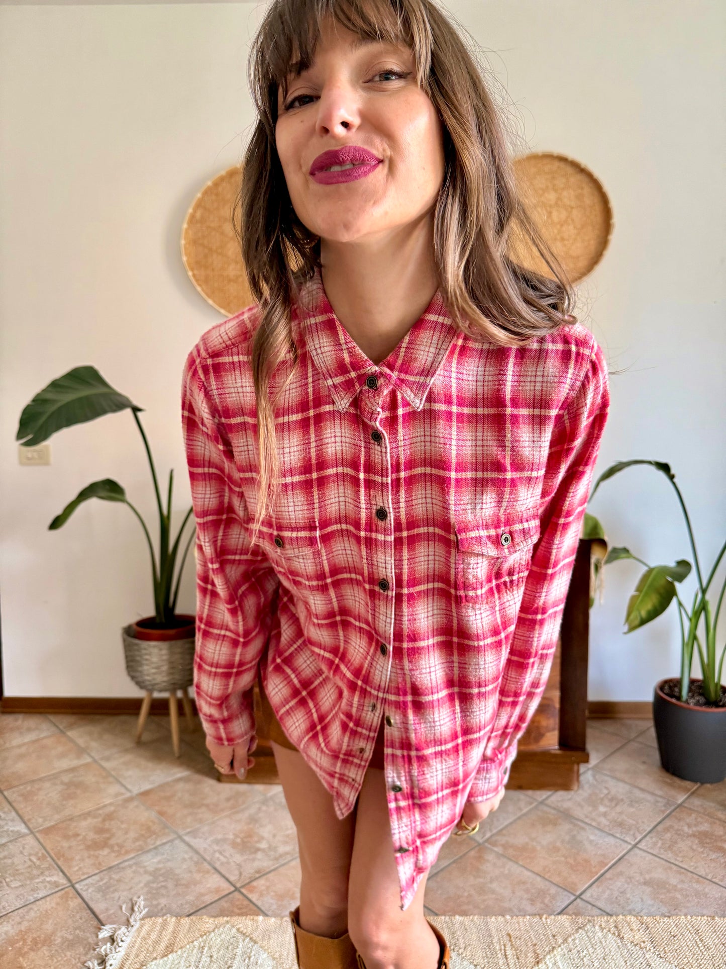Y2k vintage orange and fuchsia plaid western button down shirt