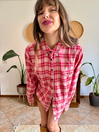 Y2k vintage orange and fuchsia plaid western button down shirt