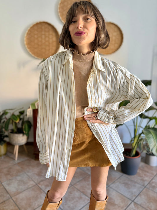 1970's vintage oversize cream shirt with tan, brown and light blue pin striping