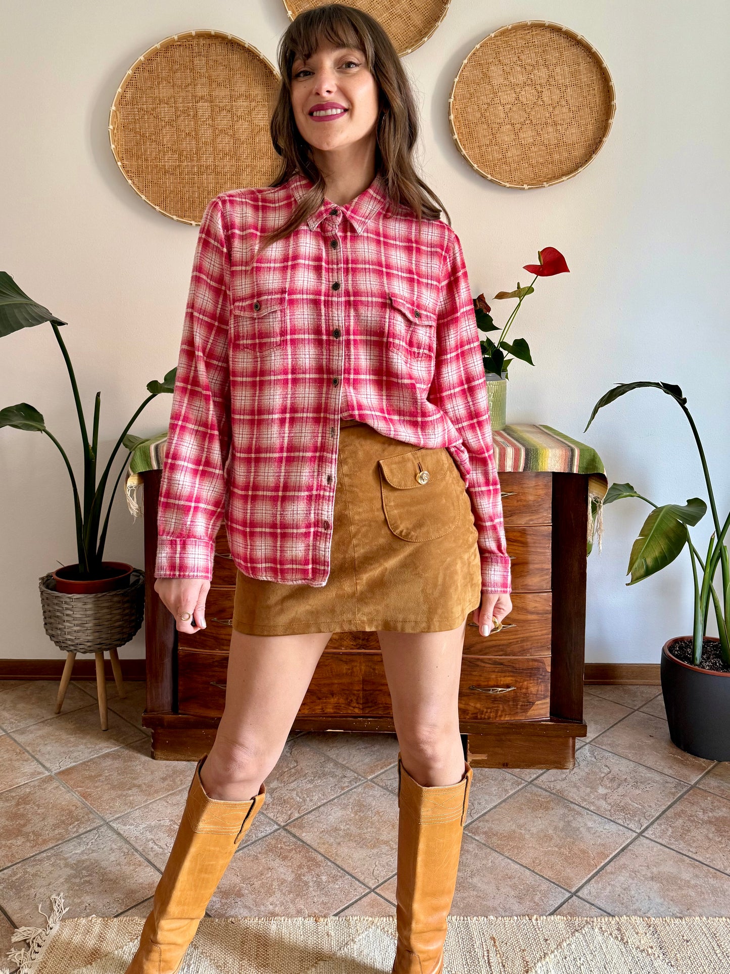 Y2k vintage orange and fuchsia plaid western button down shirt
