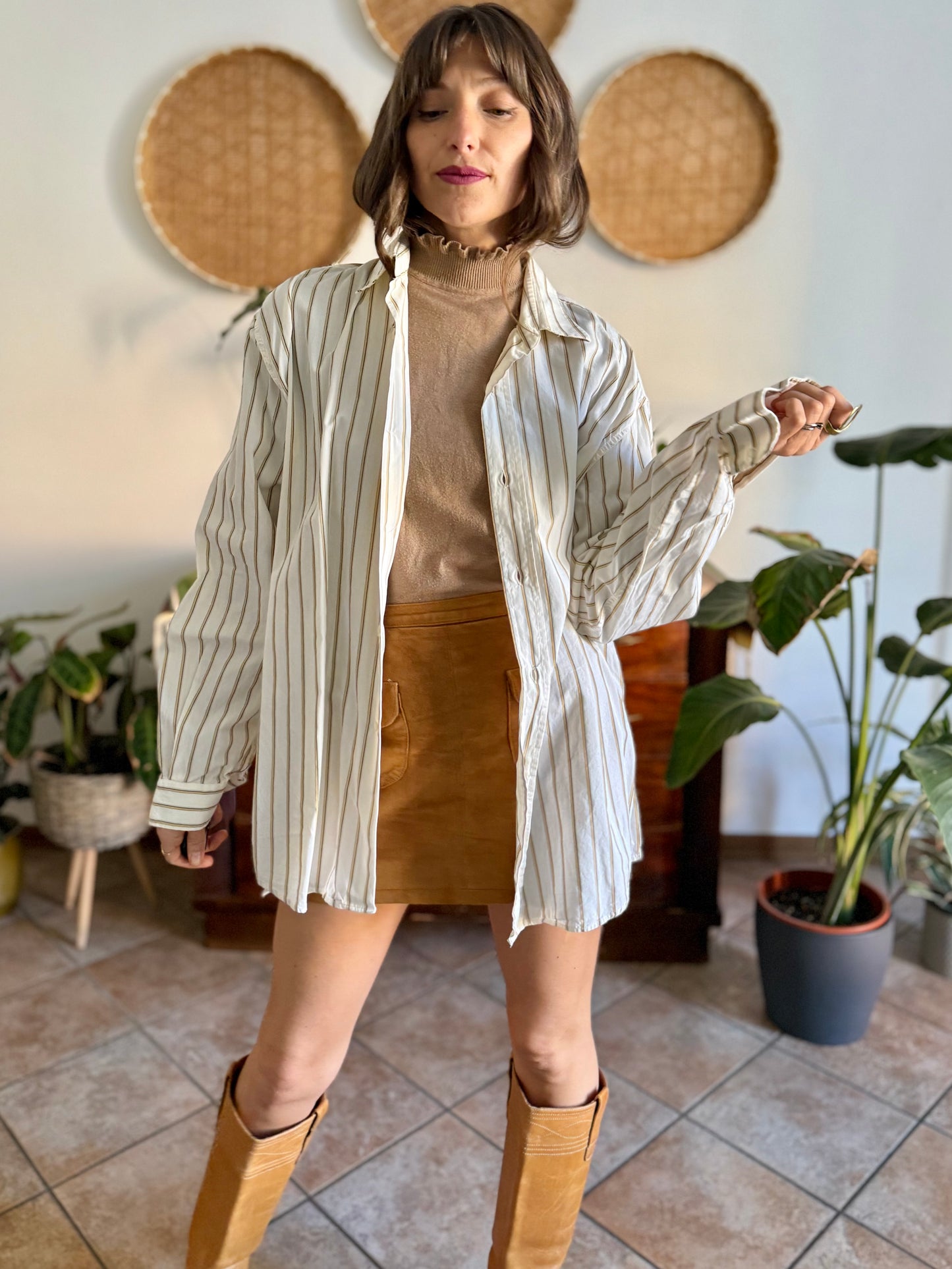 1970's vintage oversize cream shirt with tan, brown and light blue pin striping