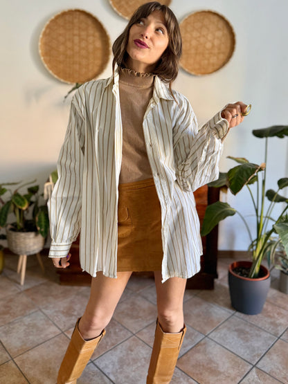 1970's vintage oversize cream shirt with tan, brown and light blue pin striping