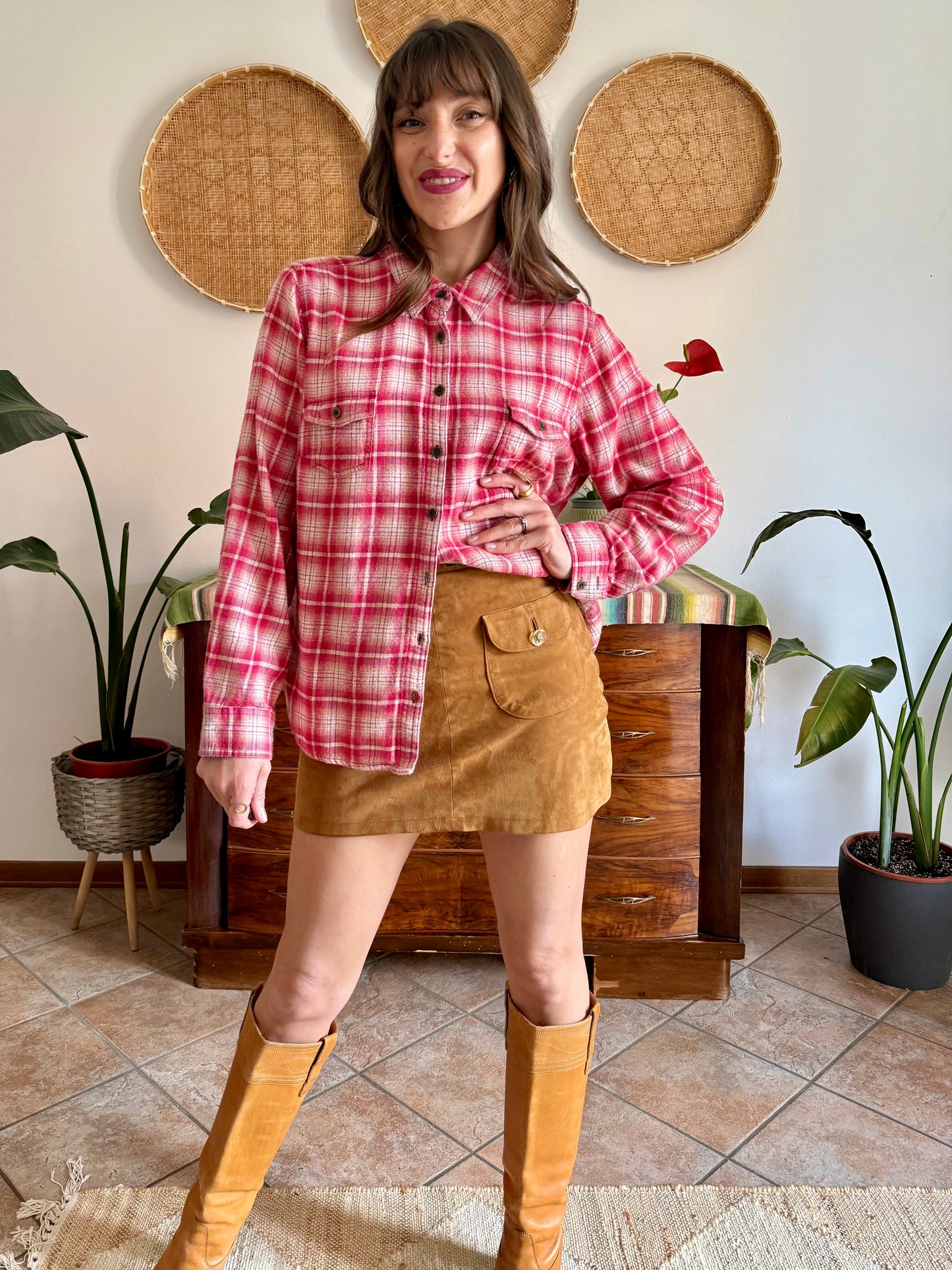 Y2k vintage orange and fuchsia plaid western button down shirt